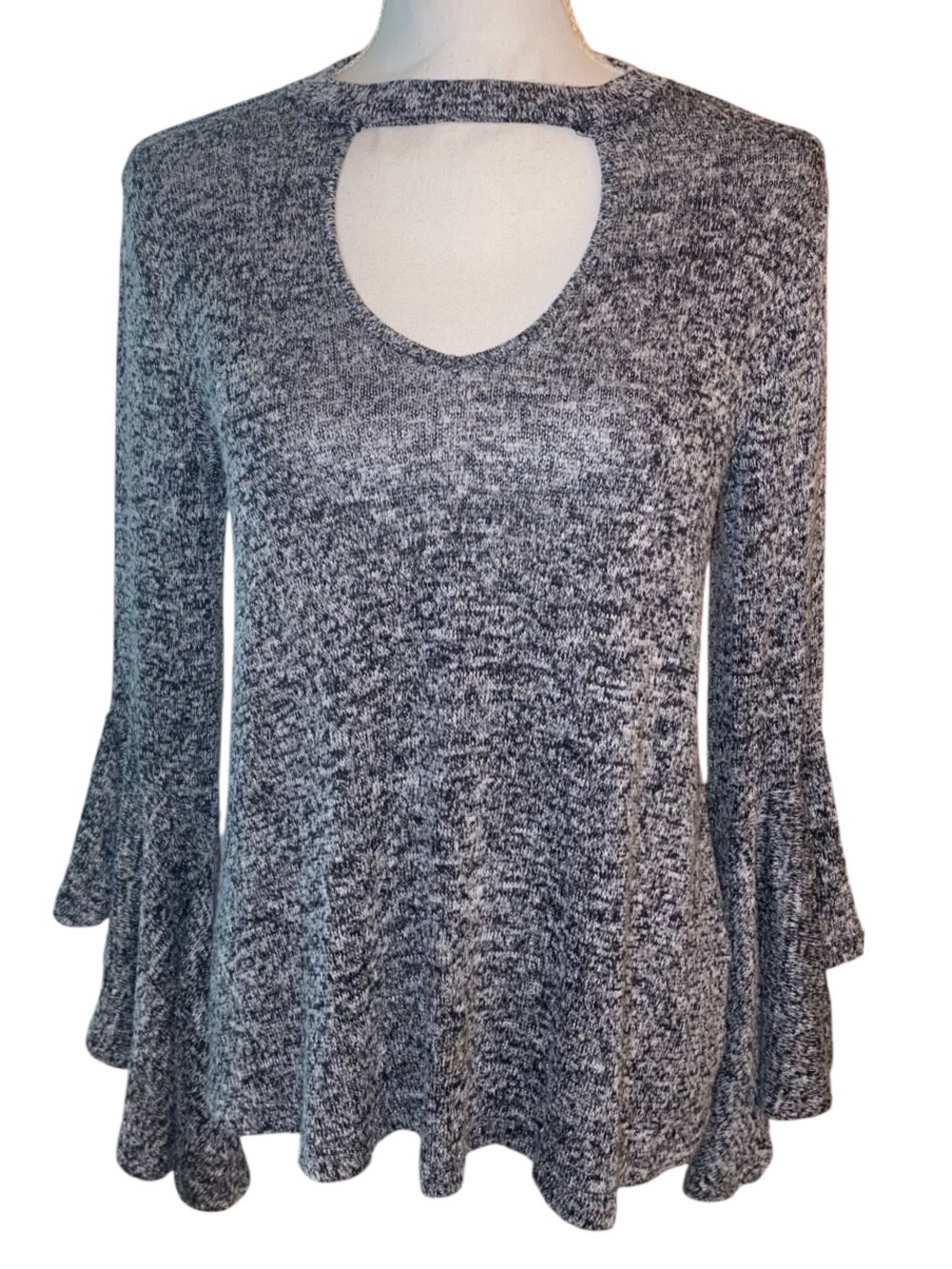 PENELOPE PROJECT Choker Neckline Keyhole Cutout Tiered Bell Sleeves Gray SZ XS